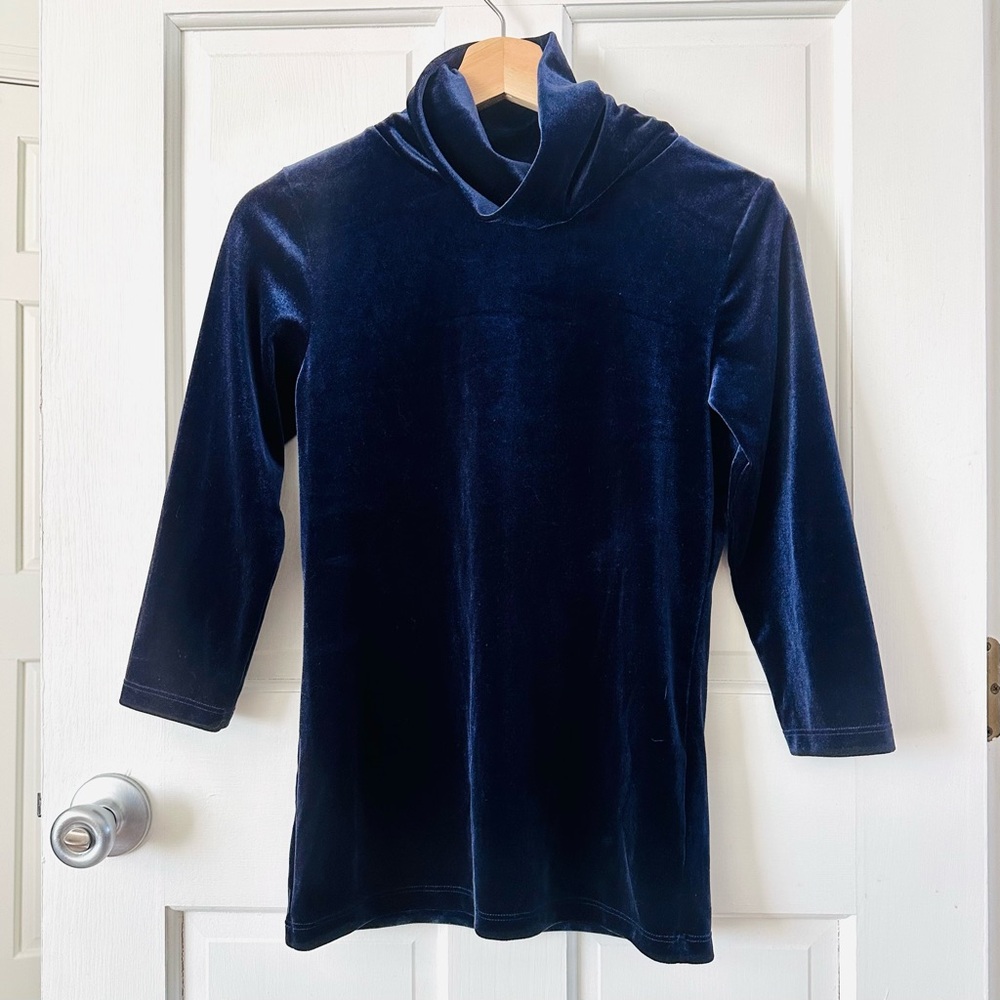 L'AGENCE Aja Turtleneck Top Stretch Velvet Navy Blue Deep Midnight Size S